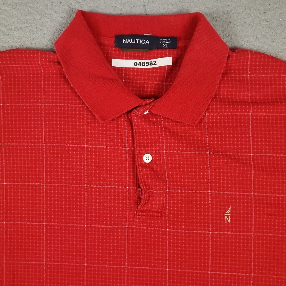 Nautica Polo Shirt Mens Size XL Red Check Casual Short Sleeve Adult